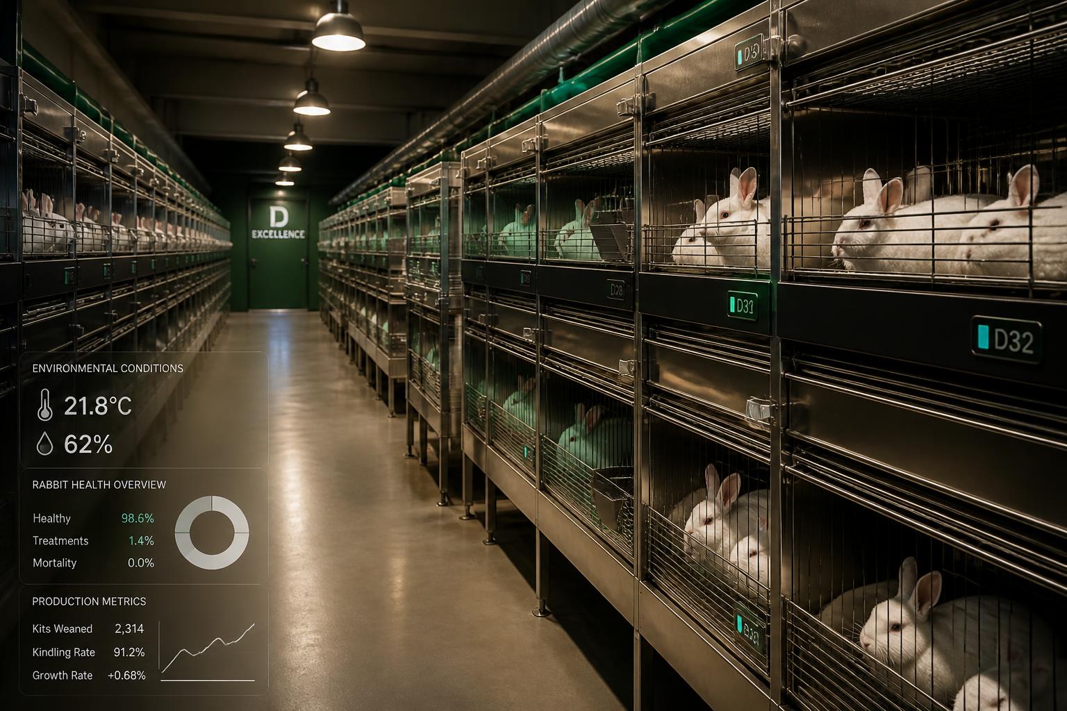 High-tech commercial rabbit production facility with data overlays