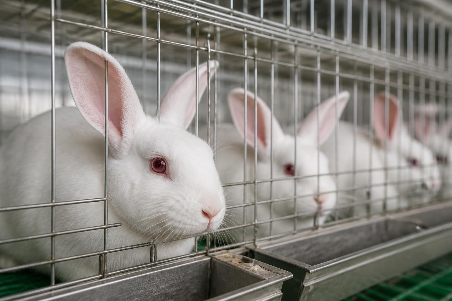 Healthy commercial meat rabbits in modern cages at Crownverge Farms
